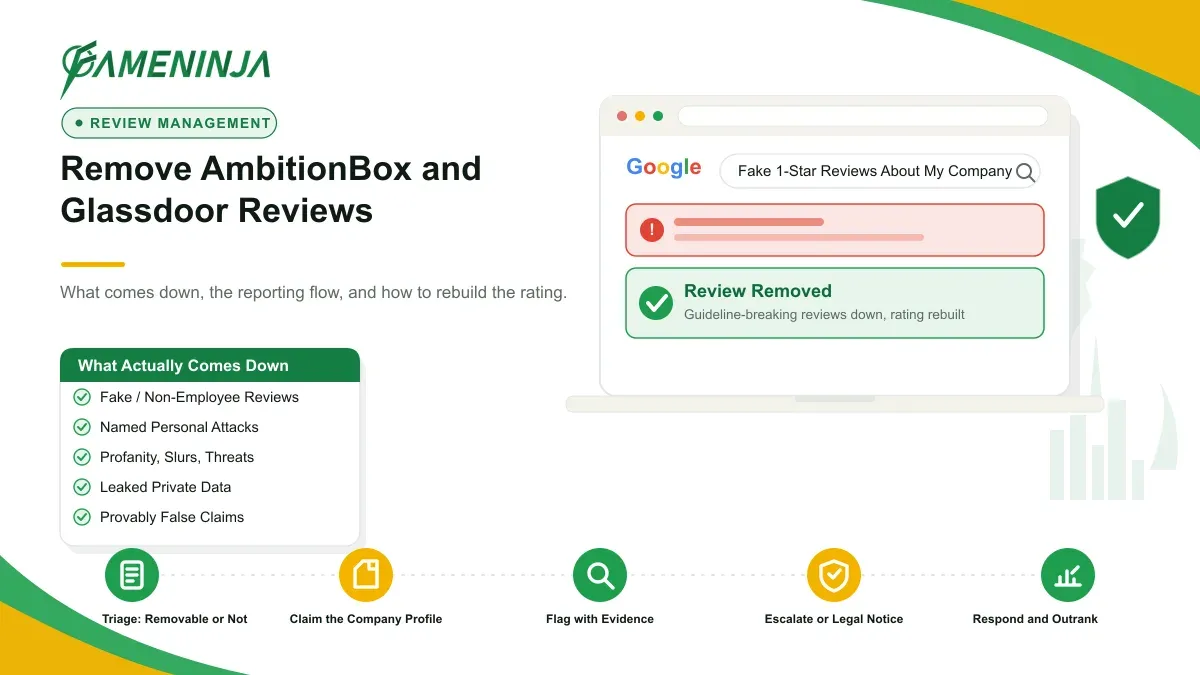 FameNinja infographic for the article "Remove AmbitionBox and Glassdoor Reviews": a Google search result for "Fake 1-Star Reviews About My Company" marked removed and suppressed, with reputation-management steps.