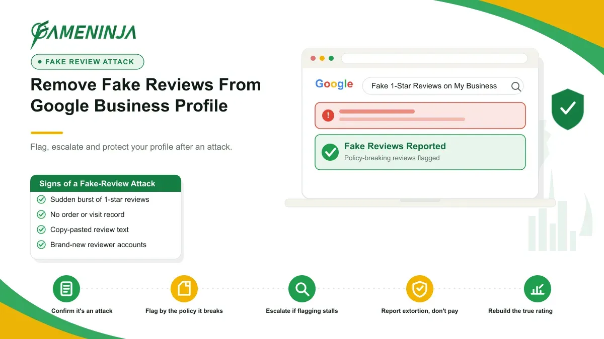 FameNinja infographic for the article "How to Remove Fake Reviews From Google Business Profile After a Coordinated Attack": fake 1-star reviews flagged on a Google search result, with a five-step response to the attack.