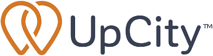 The UpCity logo features two interconnected orange location pin icons to the left of the dark blue text "UpCity" with a…