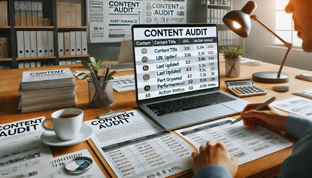 A person working on a laptop with a content audit spreadsheet displayed on the screen, surrounded by notes and documents.