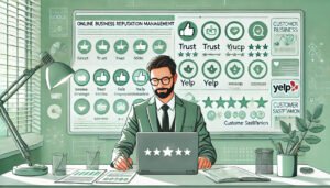 A professional analyzing online reviews and social media metrics on a laptop in a modern office setting, symbolizing online business reputation management