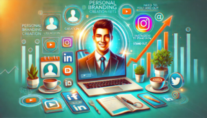 The background features icons of LinkedIn, Twitter, Instagram, YouTube, and Facebook, along with upward trending graphs and text related to personal branding creation.