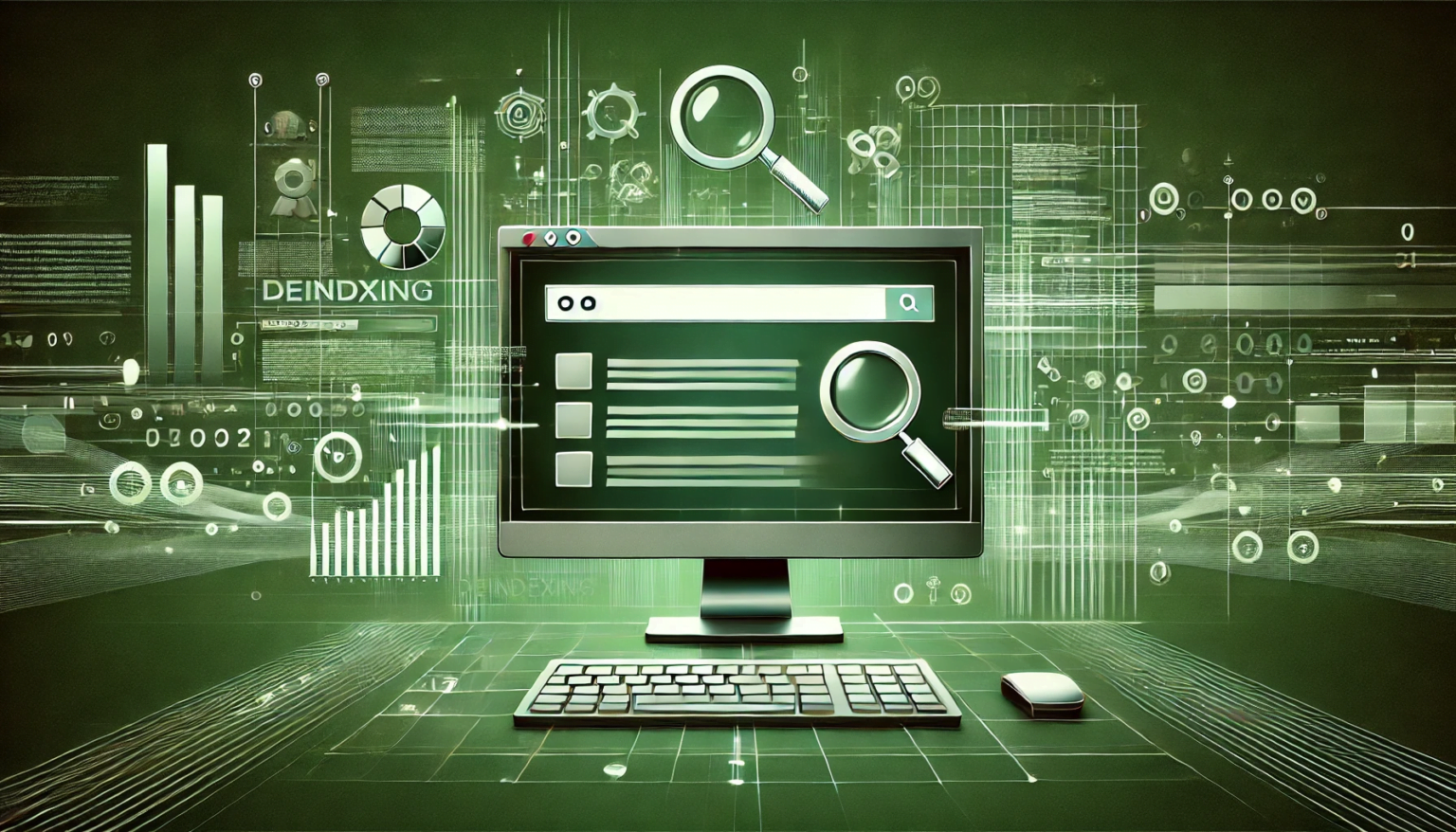 Illustration of a computer screen with search bar, magnifying glass icons, and digital elements representing deindexing and search optimization.