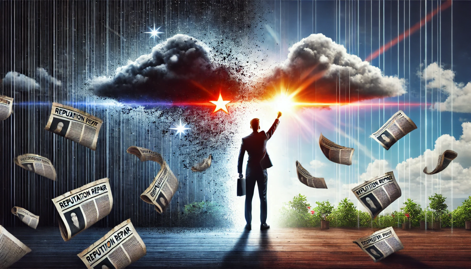 Person pushing away dark clouds to reveal bright sunlight, surrounded by newspapers labeled "Reputation Repair."