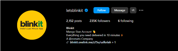 Blinkit Instagram profile page