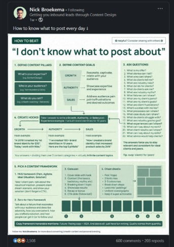 A social media post providing tips on creating a content strategy, specifically on how to determine what to post about…