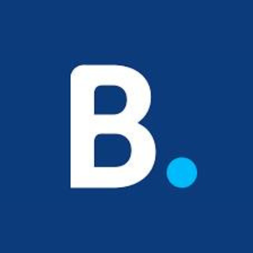 A large white letter B with a small blue dot on a blue background