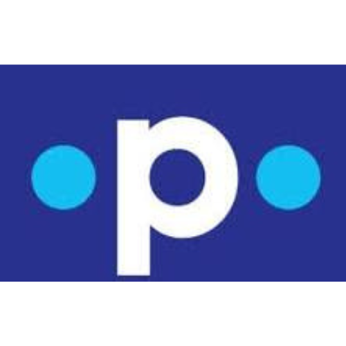 Logo with a white 'p' and two blue circles