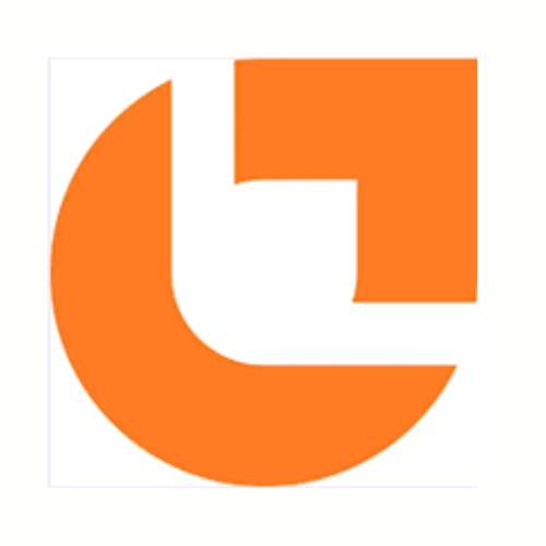 Orange logo with curved and square shapes
