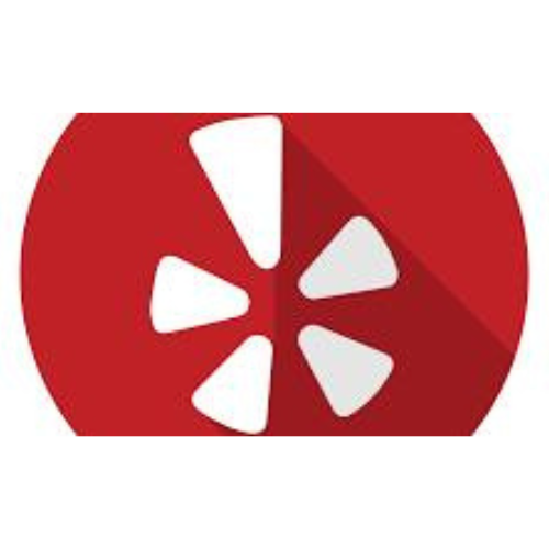 Red logo with white shapes